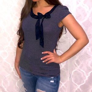 H&M Paris black & white stripe silk satin bow short sleeve blouse shirt top XS S